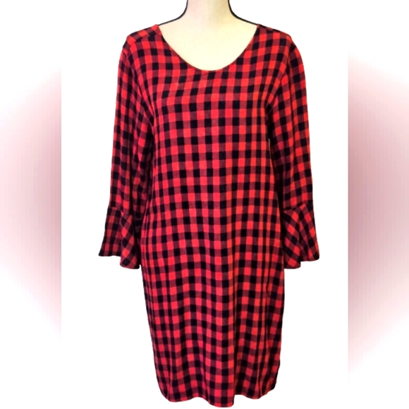 Cloth & Stone Red and Black Buffalo Plaid Flutter Sleeve Dress,Large - Picture 2 of 16